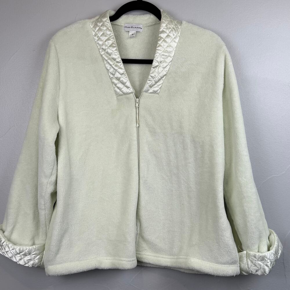 Miss Elaine Zip Front Fleece Robe Jacket Satin Trim Cream Women’s M